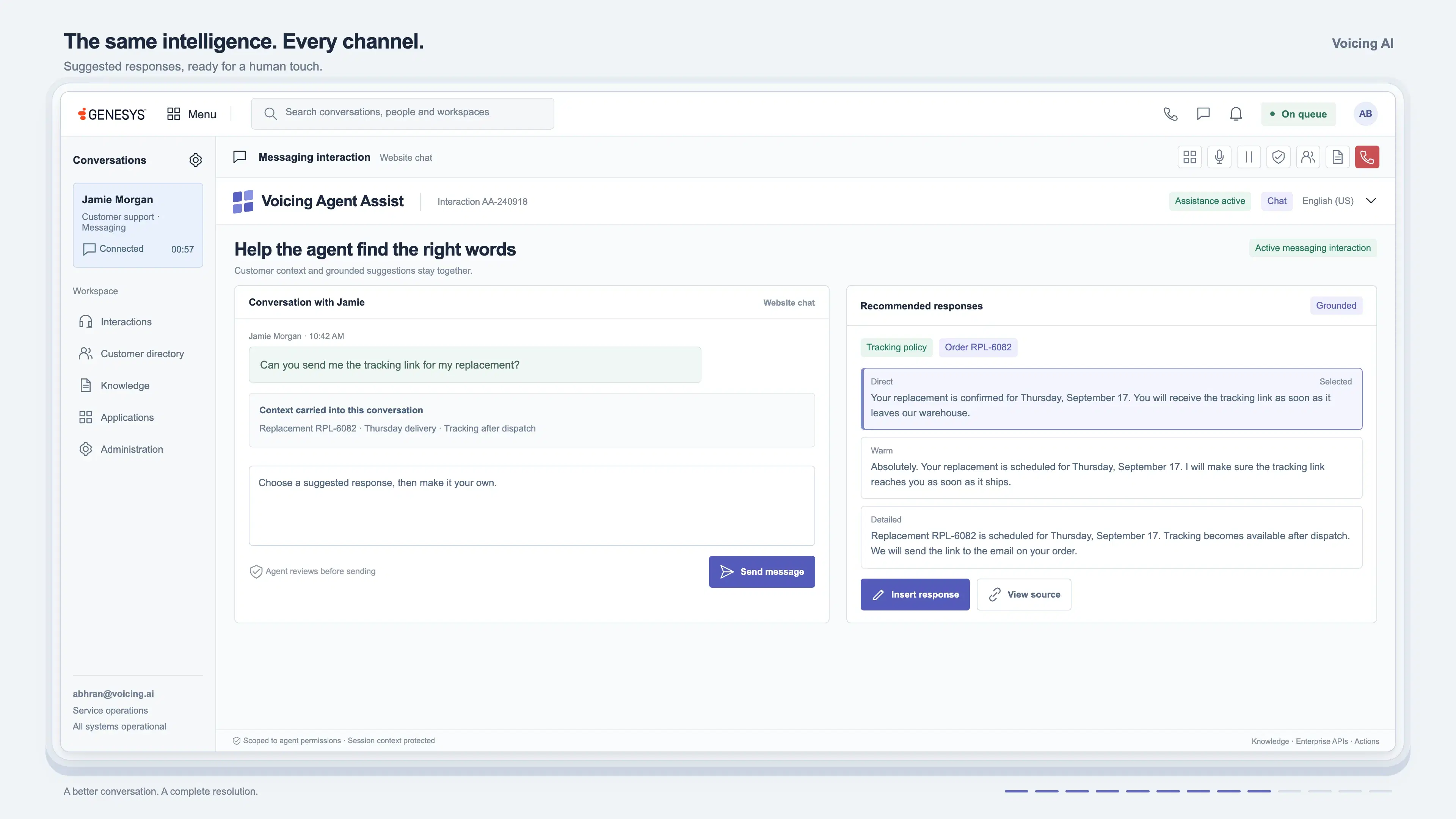 A chat conversation with three complete suggested replies shown side by side above the agent’s composer.