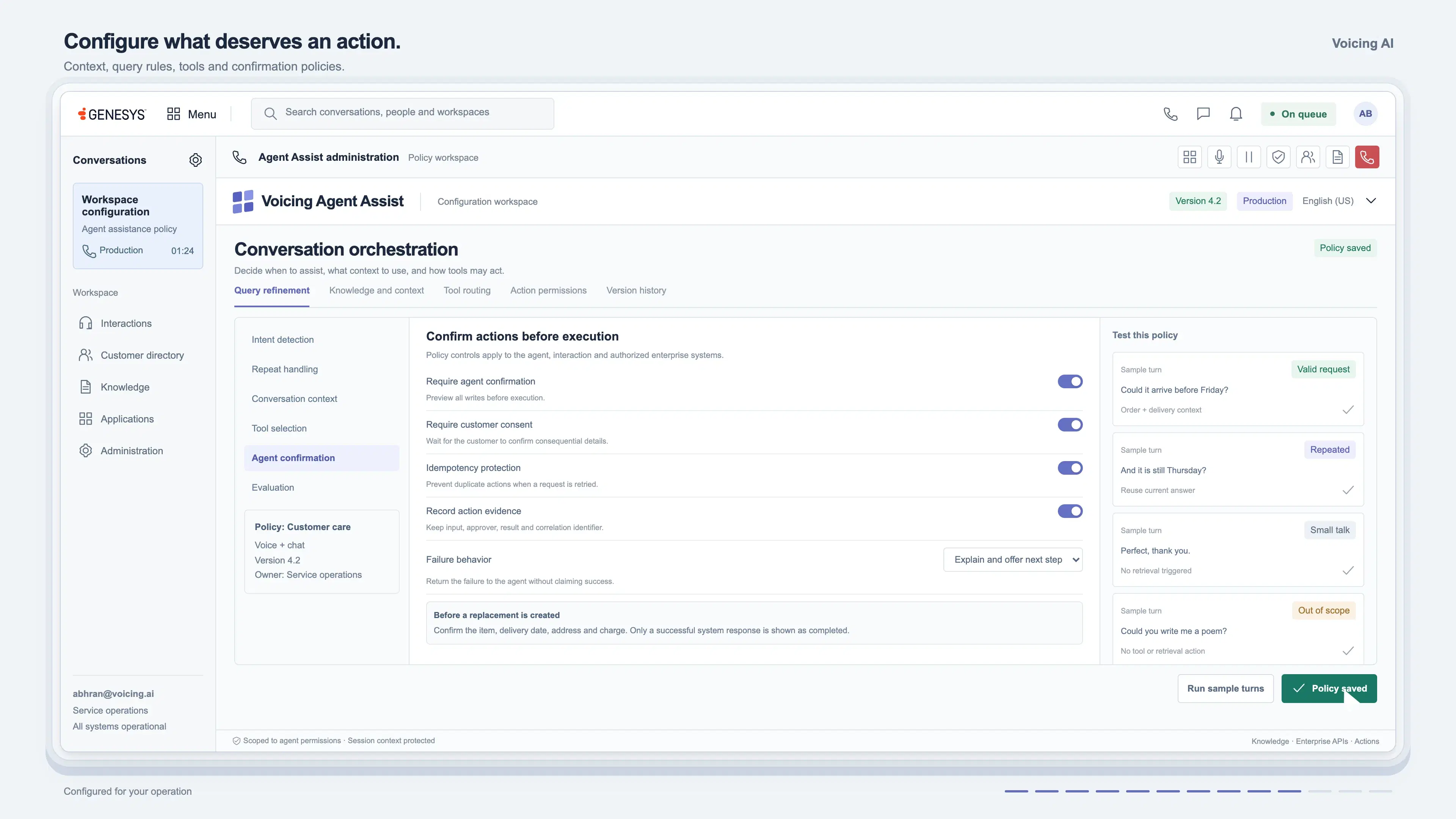 The configuration workspace on the action-confirmation settings: toggles for agent confirmation, customer consent, duplicate protection and action evidence, with sample turns tested at the right.