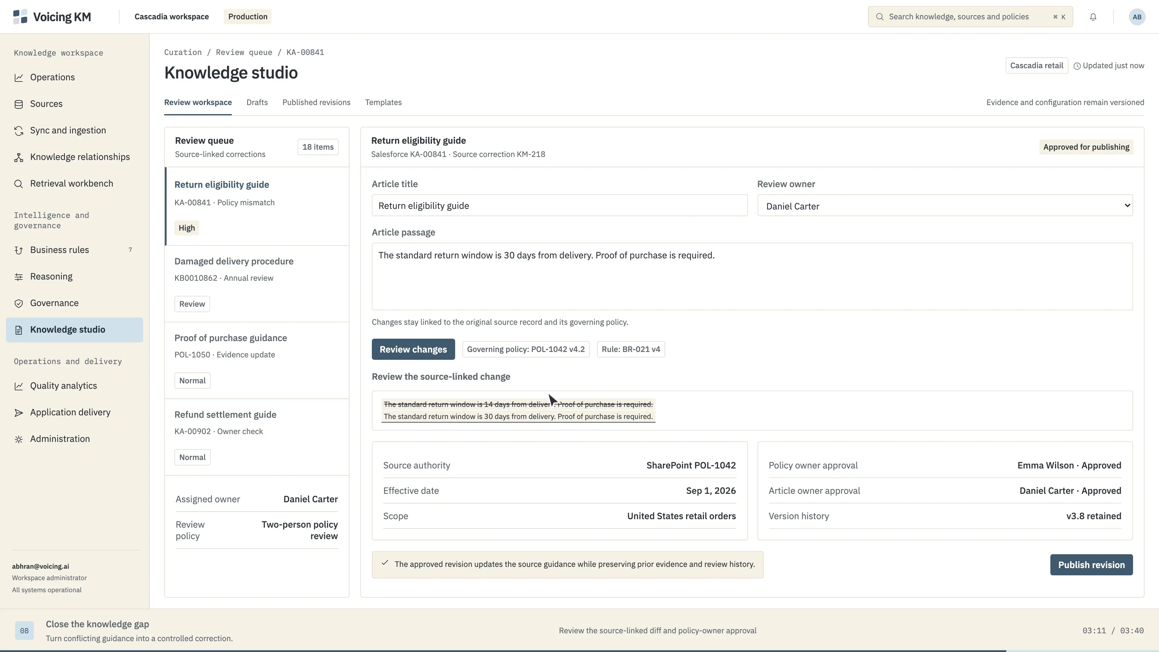 The knowledge studio: a review queue, a source-linked change shown as a diff, approvals, and the publish action.