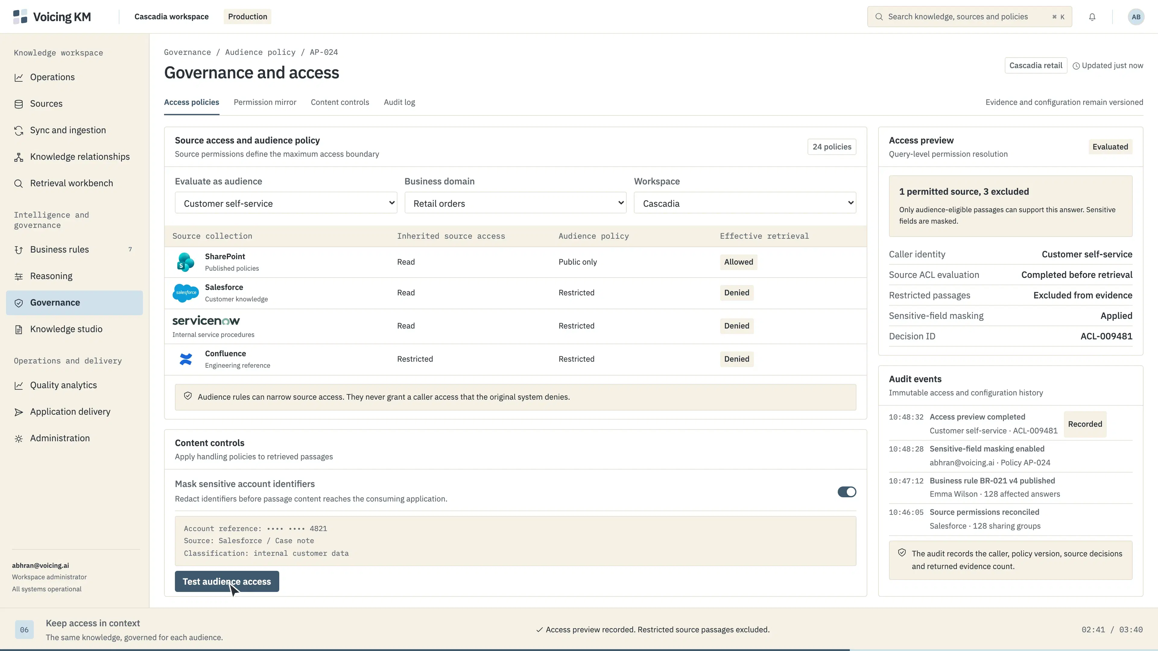 The governance view: source access and audience policy per collection, masking controls, an access preview and an audit event list.