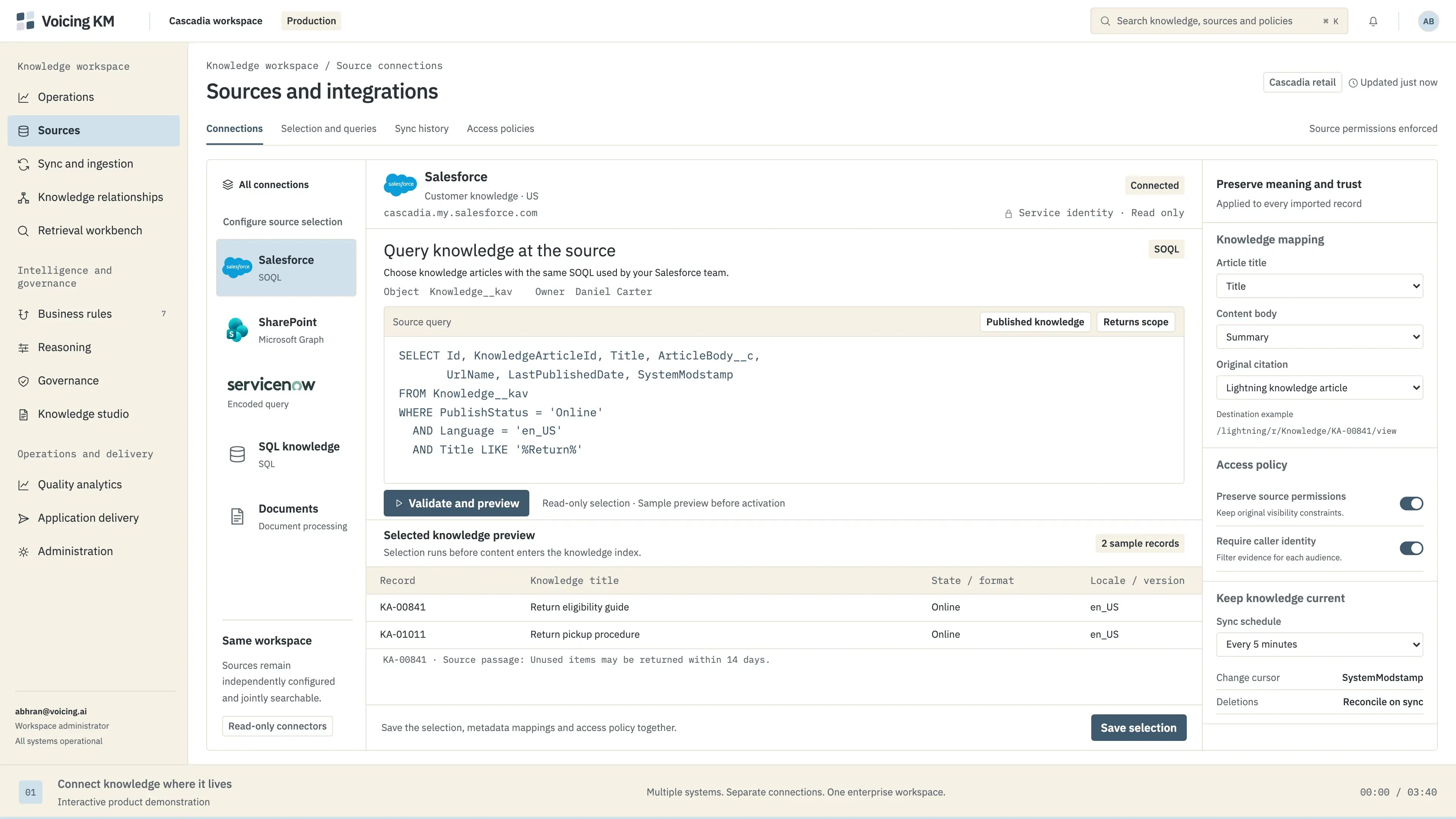 A source configuration view: a native query editor over a knowledge object, a preview of matching records, and mapping and access settings at the right.