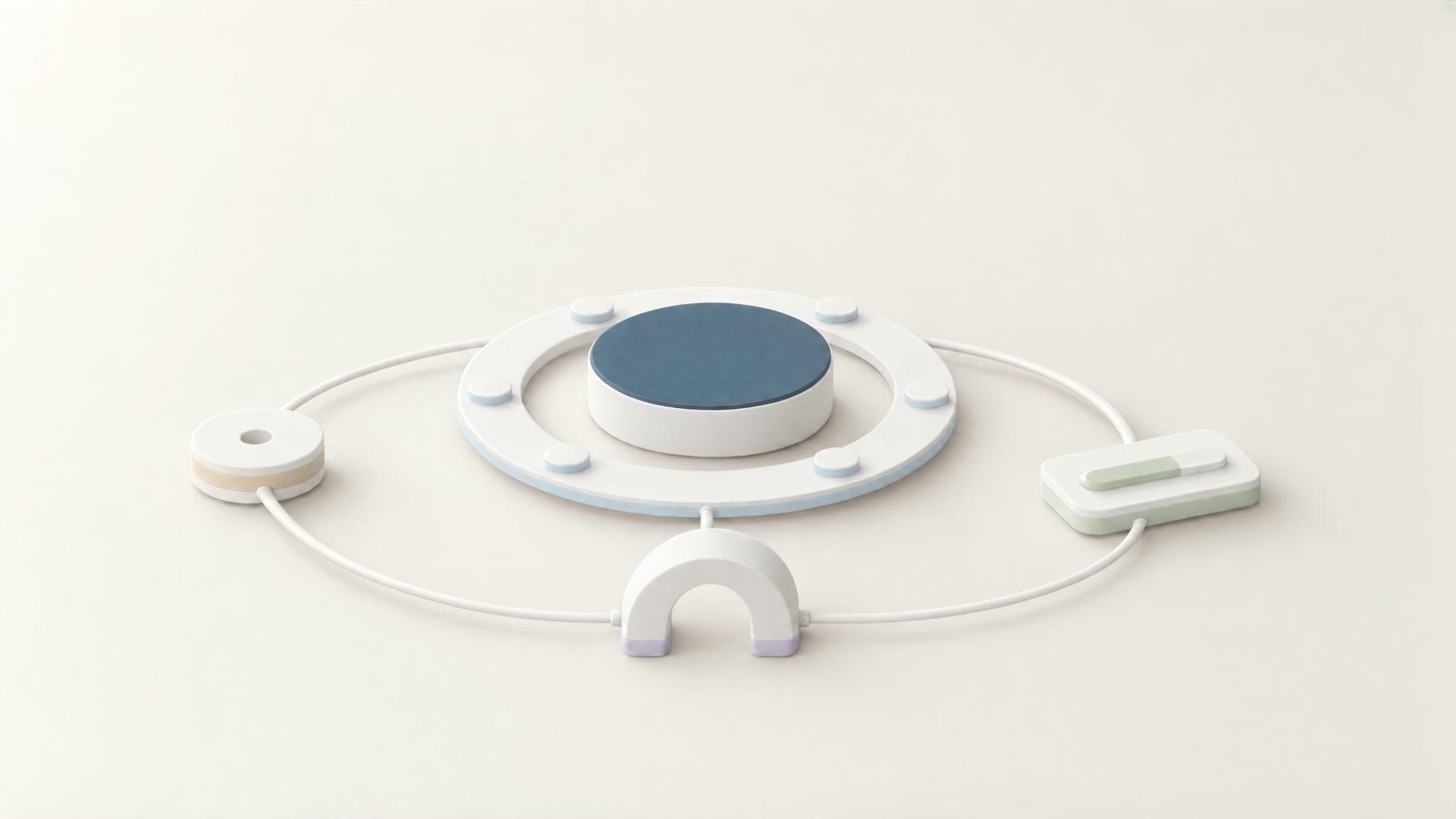 A runtime disc with a slate top ringed by six pucks, a track running out to a record spool on the left, under a low arch at the front, past a switch on the right, and back to the runtime.