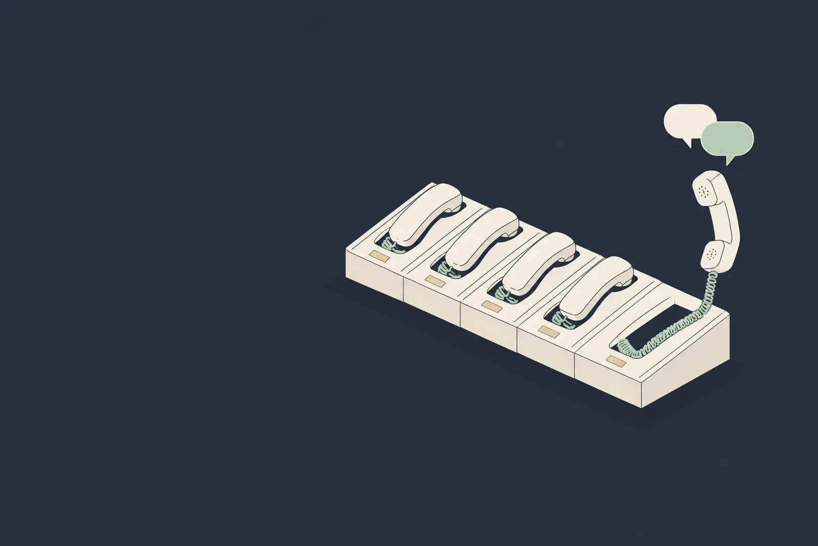 A row of five telephone handsets, four resting and one lifted with two speech bubbles above it, drawn in fine ink lines on a dark field