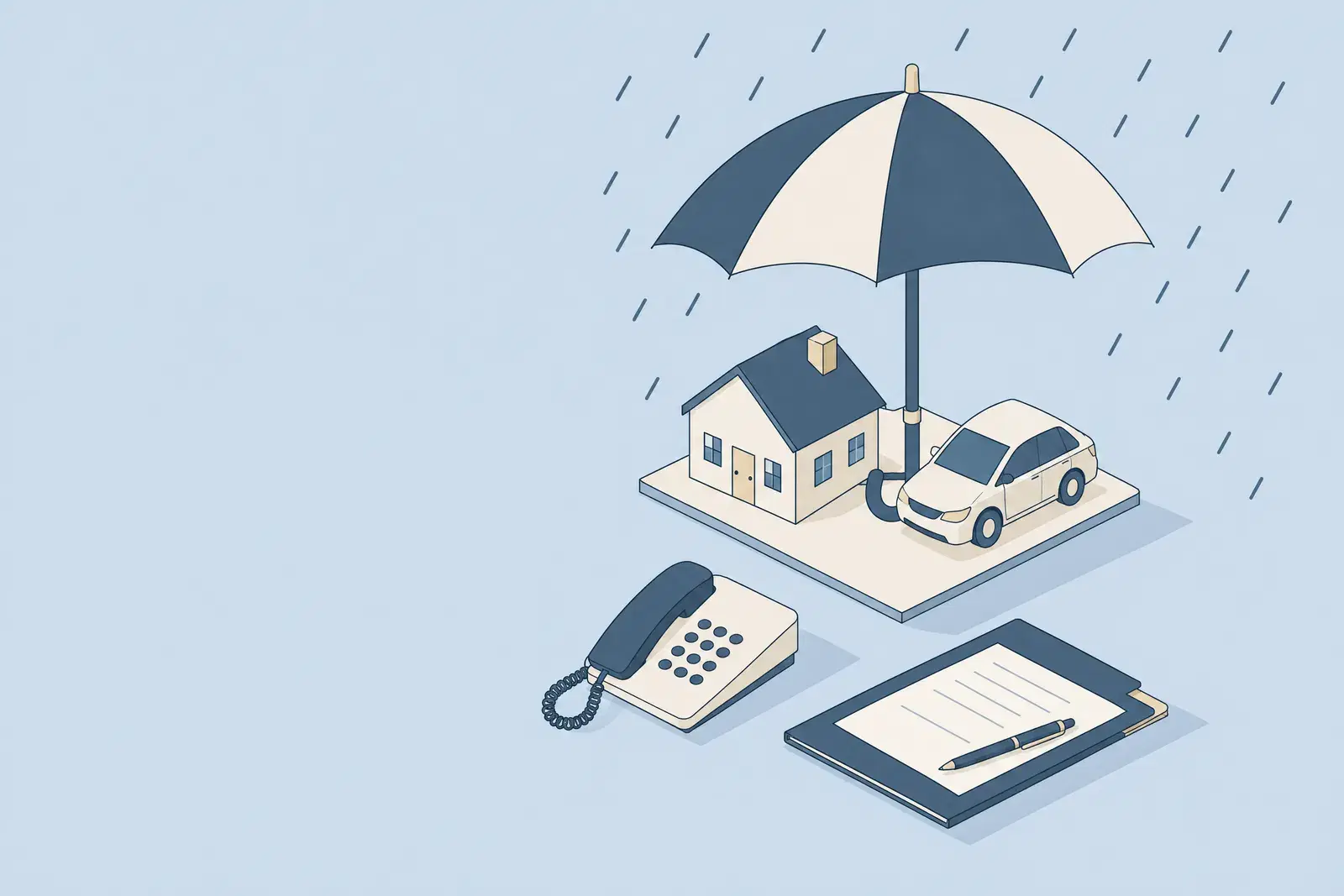 A large umbrella sheltering a small house and car from rain, with a telephone and a claim folder in front, drawn in fine ink lines