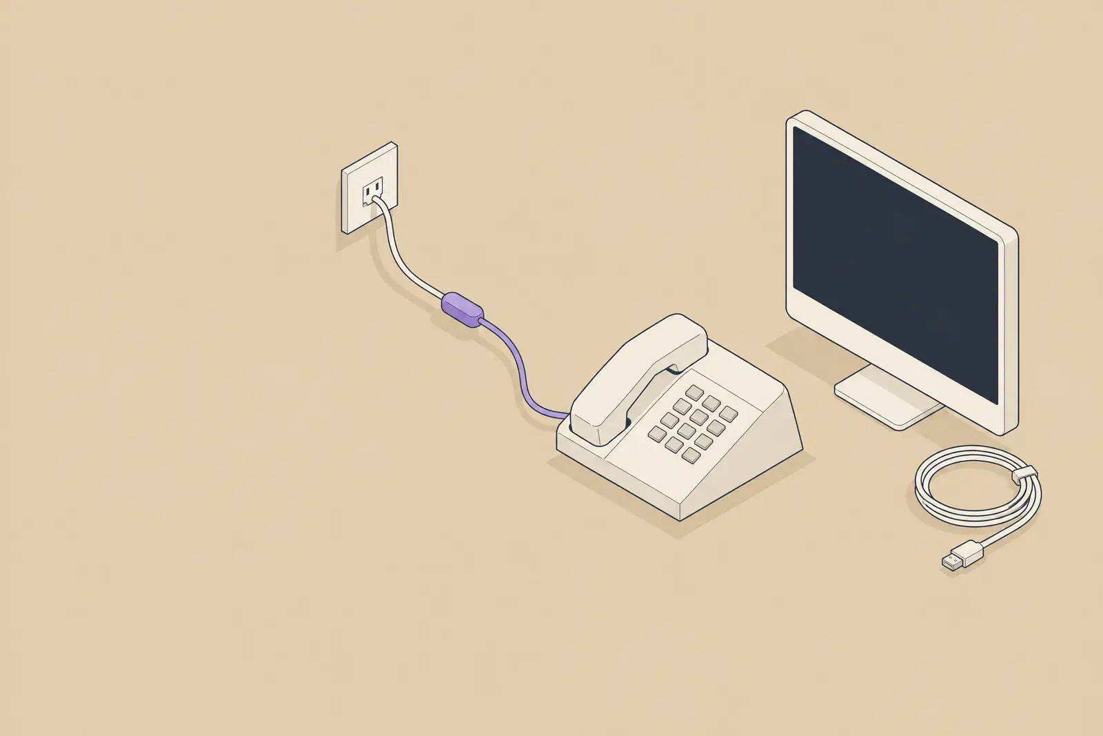 A desk telephone whose cord passes through a small lilac capsule, beside an unplugged computer with a blank screen, drawn in fine ink lines
