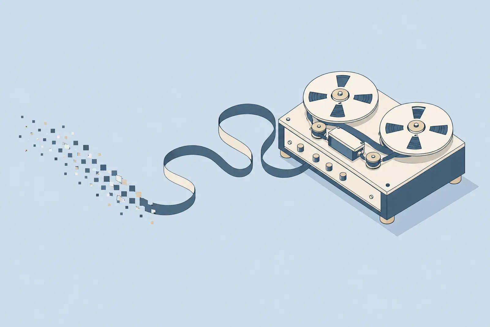 A reel to reel tape machine whose escaping tape breaks into scattered squares at its far end, drawn in fine ink lines