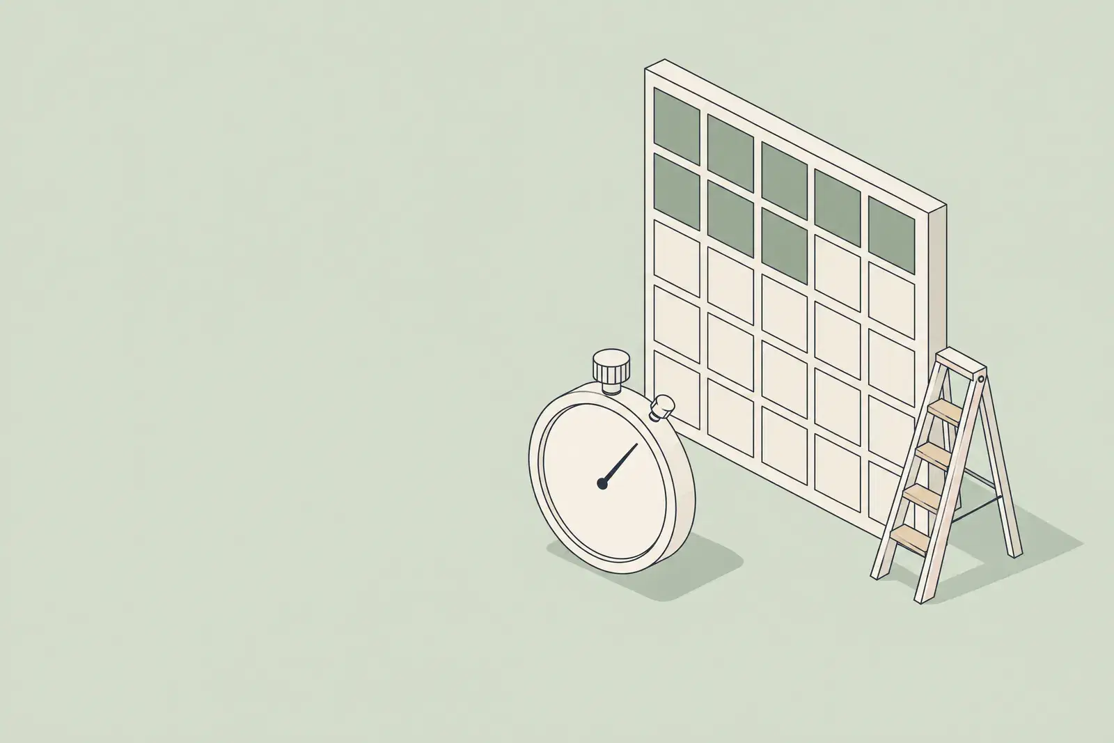A small stopwatch in front of a wall of thirty blank tiles, only the first four filled in, drawn in fine ink lines