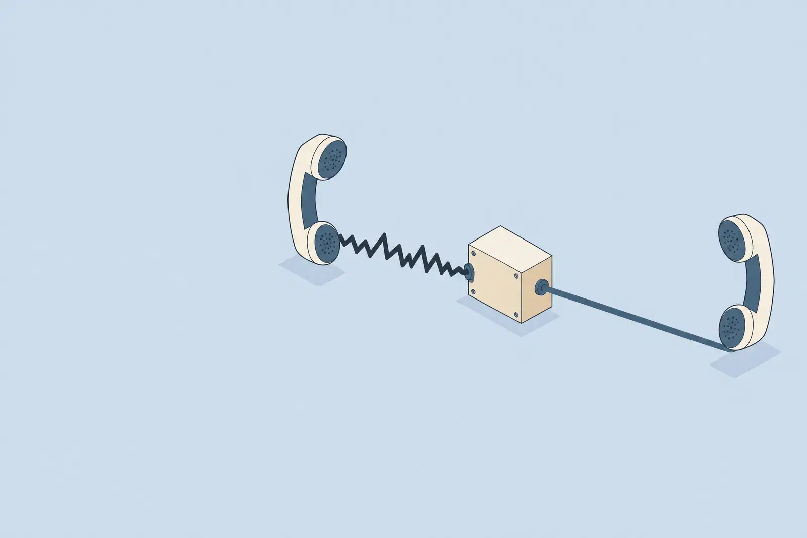 Two handsets joined through a small box: the cord enters as an angry zigzag and leaves as a flat line, drawn in fine ink lines
