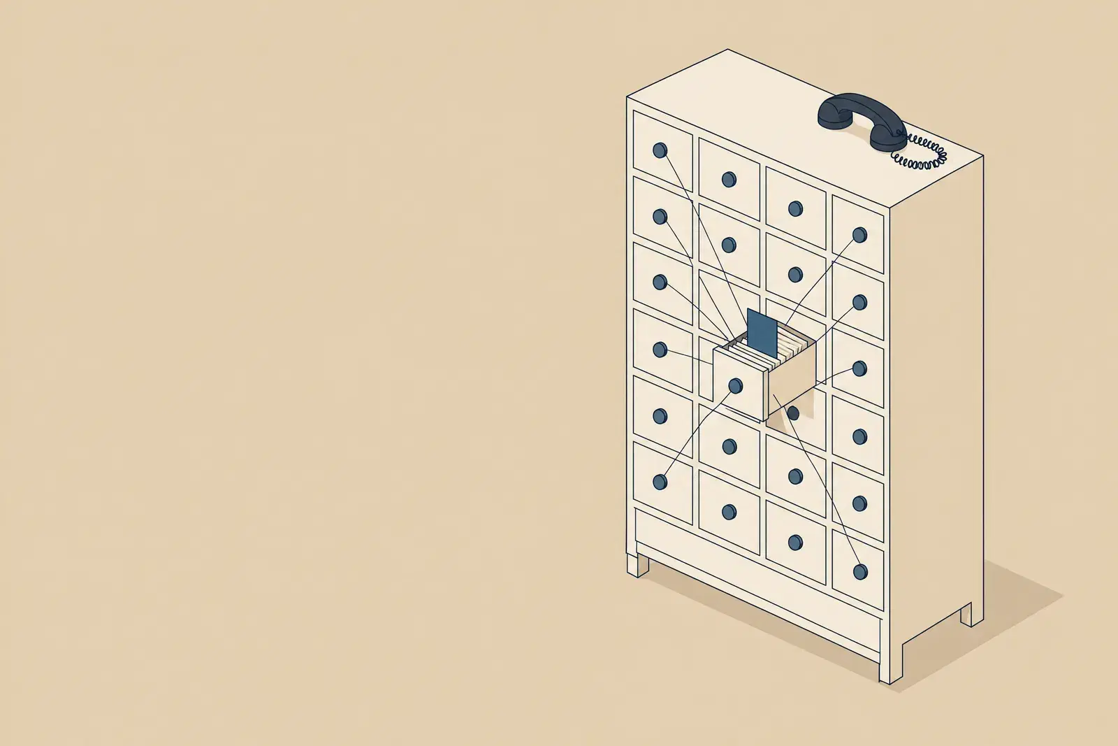 A card catalogue cabinet with one drawer open and one card raised, fine lines linking other drawers to it, a handset on top, drawn in fine ink lines