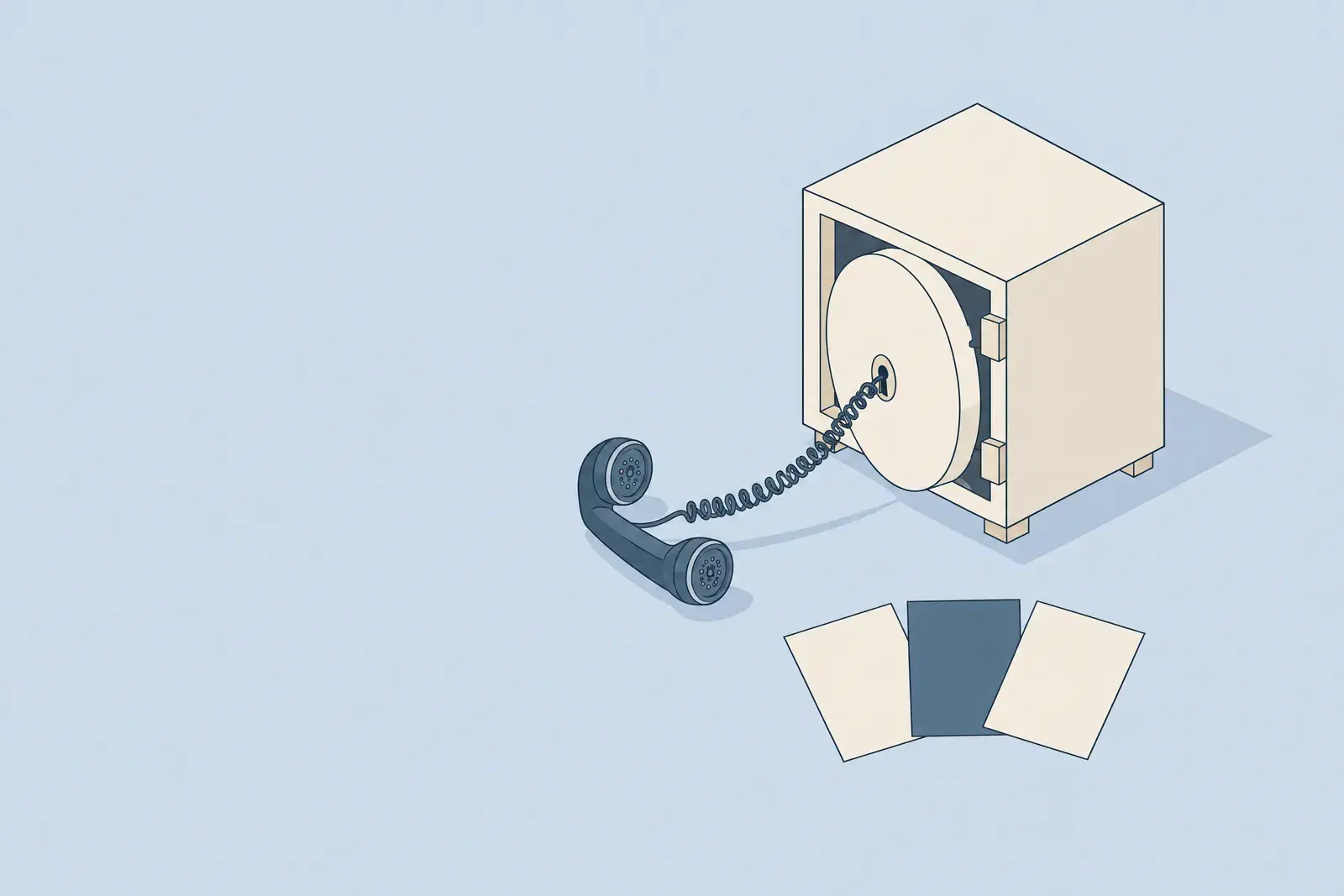 A small safe with a telephone cord entering its keyhole and three blank cards fanned in front, drawn in fine ink lines