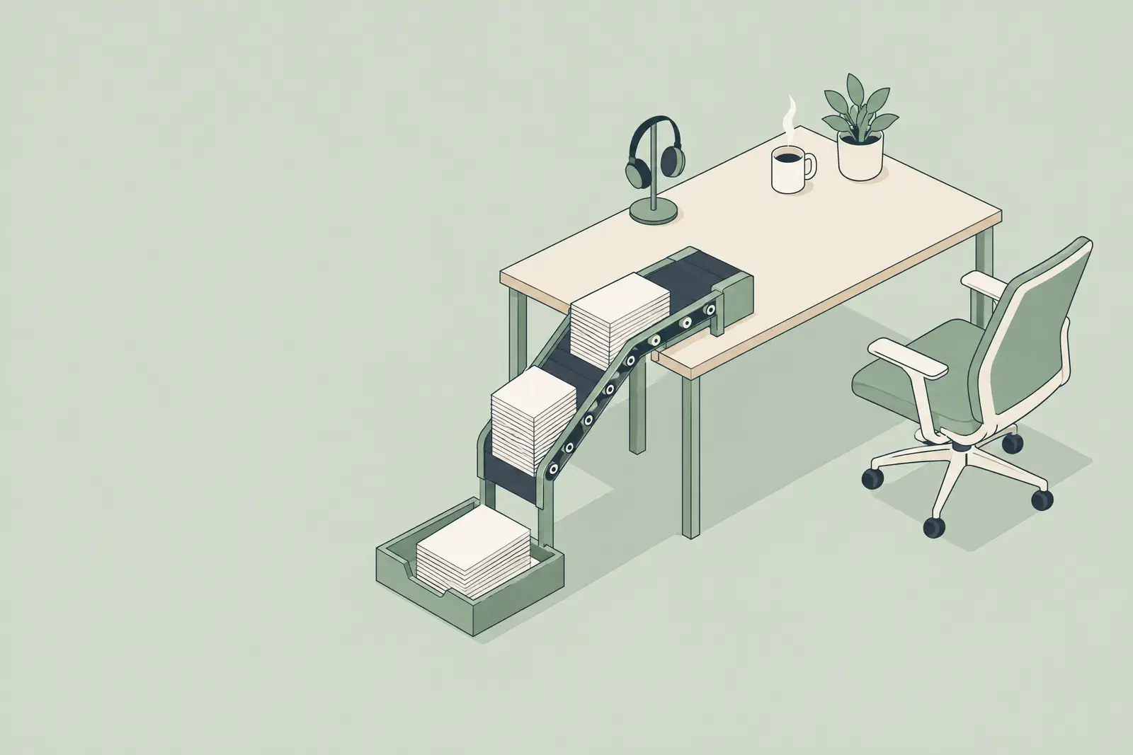 A desk where a small conveyor carries a stack of identical forms away, leaving only a headset, a coffee cup and a plant, drawn in fine ink lines