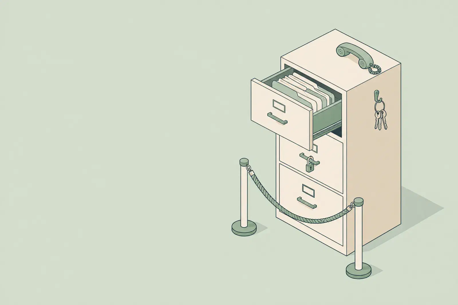 A filing cabinet with one drawer open, one drawer padlocked and a rope barrier in front, a handset resting on top, drawn in fine ink lines