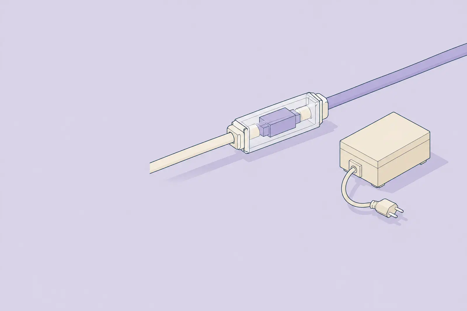 A telephone cable passing through a clear junction holding a lilac prism, while a separate unplugged box sits off to one side, drawn in fine ink lines