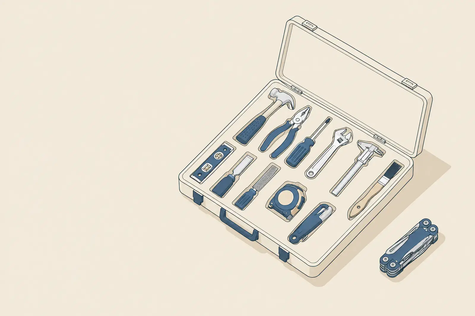 A fitted case of ten different hand tools, each in its own slot, with one bulky folding multi tool left outside, drawn in fine ink lines