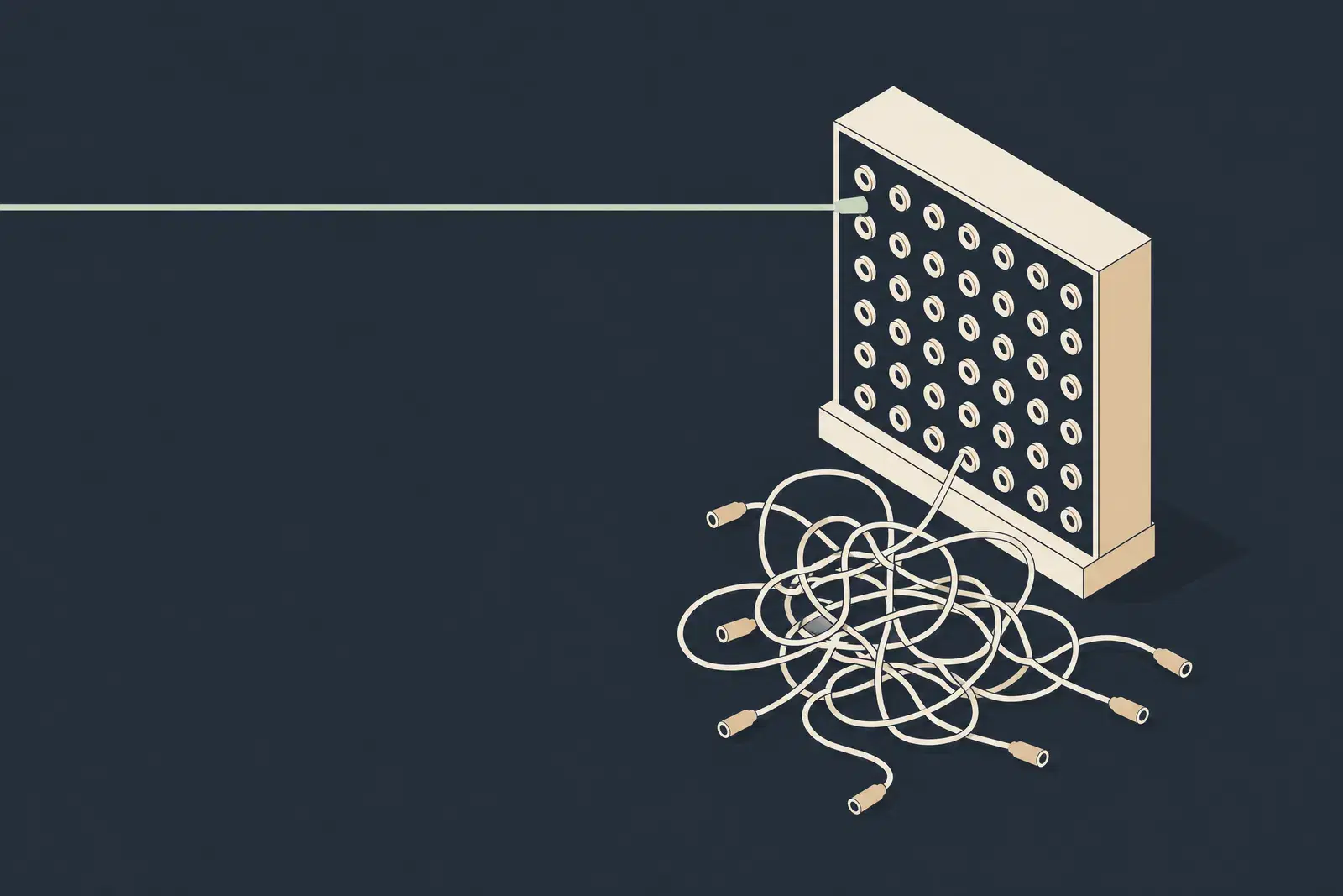 A telephone switchboard beside a tangle of unplugged cords, with one straight sage cord plugged in, drawn in fine ink lines