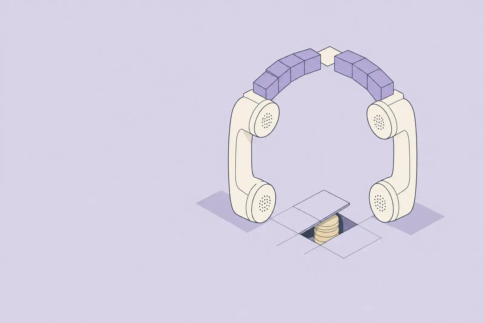 Two telephone handsets joined by a bridge of blocks with one block missing, and a small stack of coins half hidden beneath the gap, drawn in fine ink lines