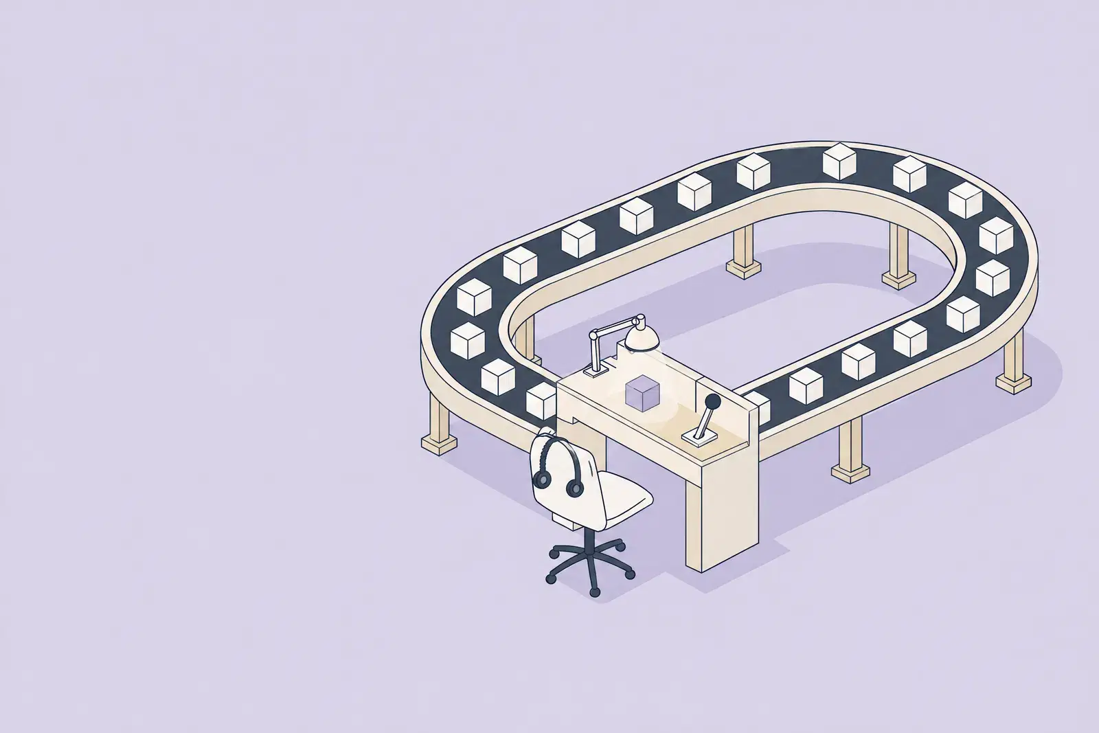An oval conveyor of identical blocks with a supervisor’s desk built into it, one lilac block set aside under the lamp, drawn in fine ink lines