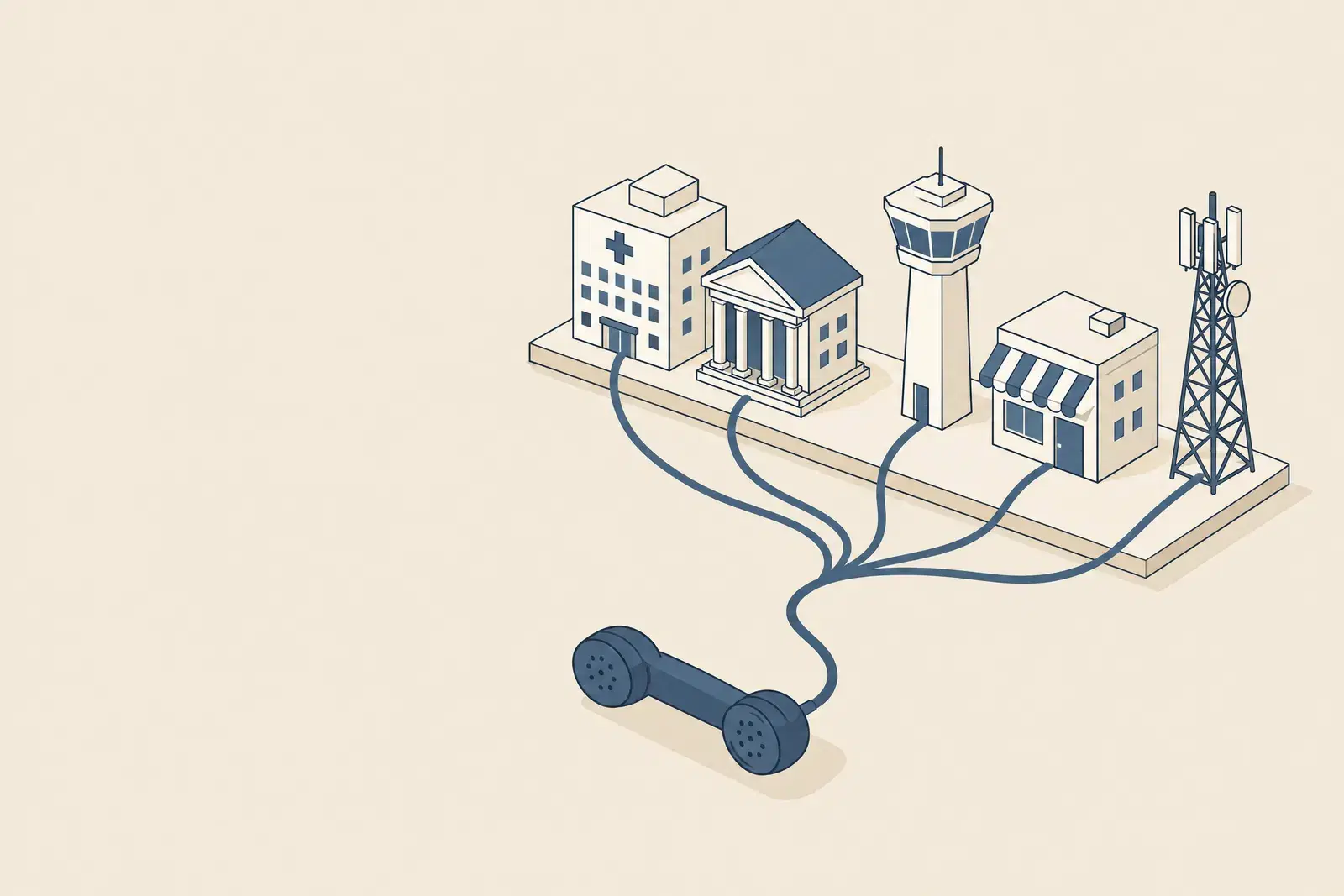 Five small buildings, a hospital, a bank, a control tower, a shop and a telecom mast, all wired to one telephone handset, drawn in fine ink lines