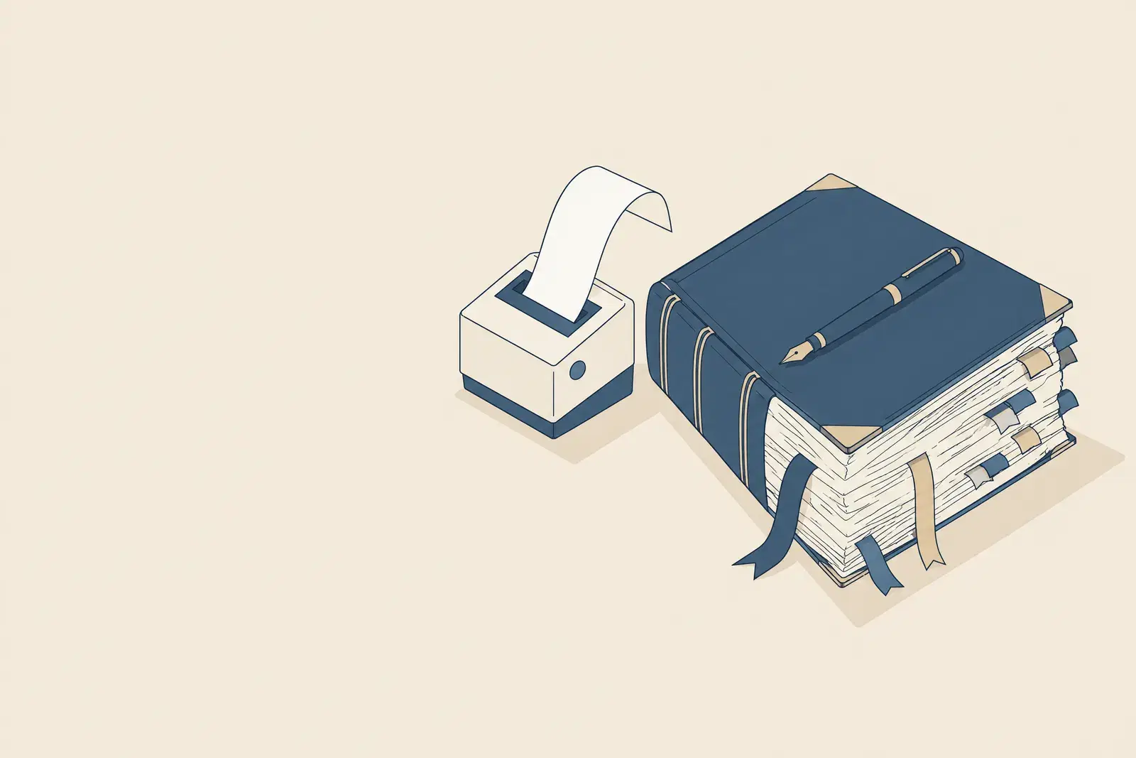 A small printer feeding out a thin blank strip beside a thick worn ledger bulging with bookmarks and tabs, drawn in fine ink lines