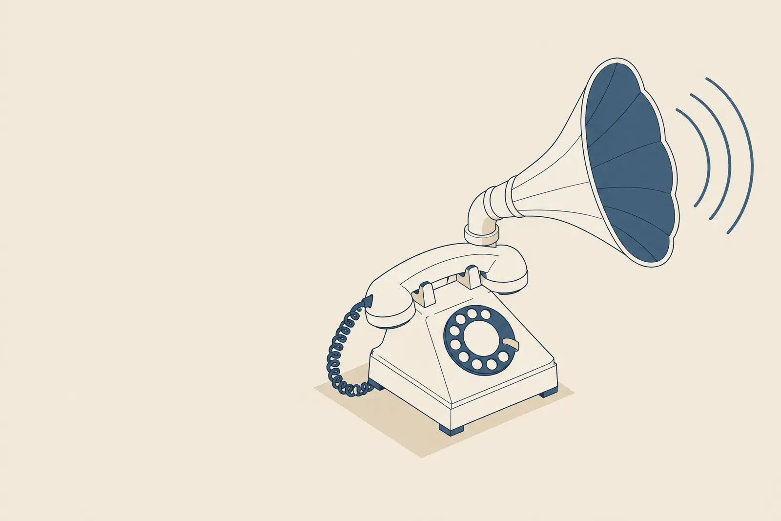 A desk telephone fitted with a large listening horn, fine sound arcs travelling into it, drawn in fine ink lines
