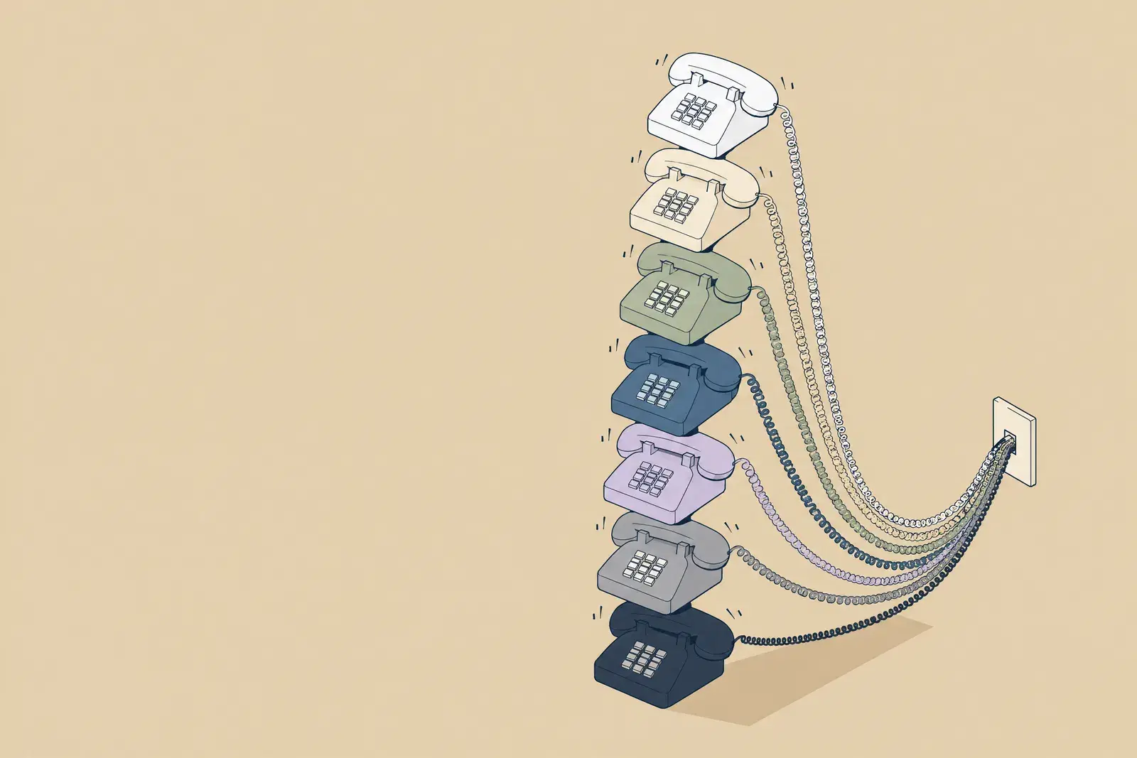 A leaning stack of seven desk telephones in muted colours, all ringing at once, drawn in fine ink lines