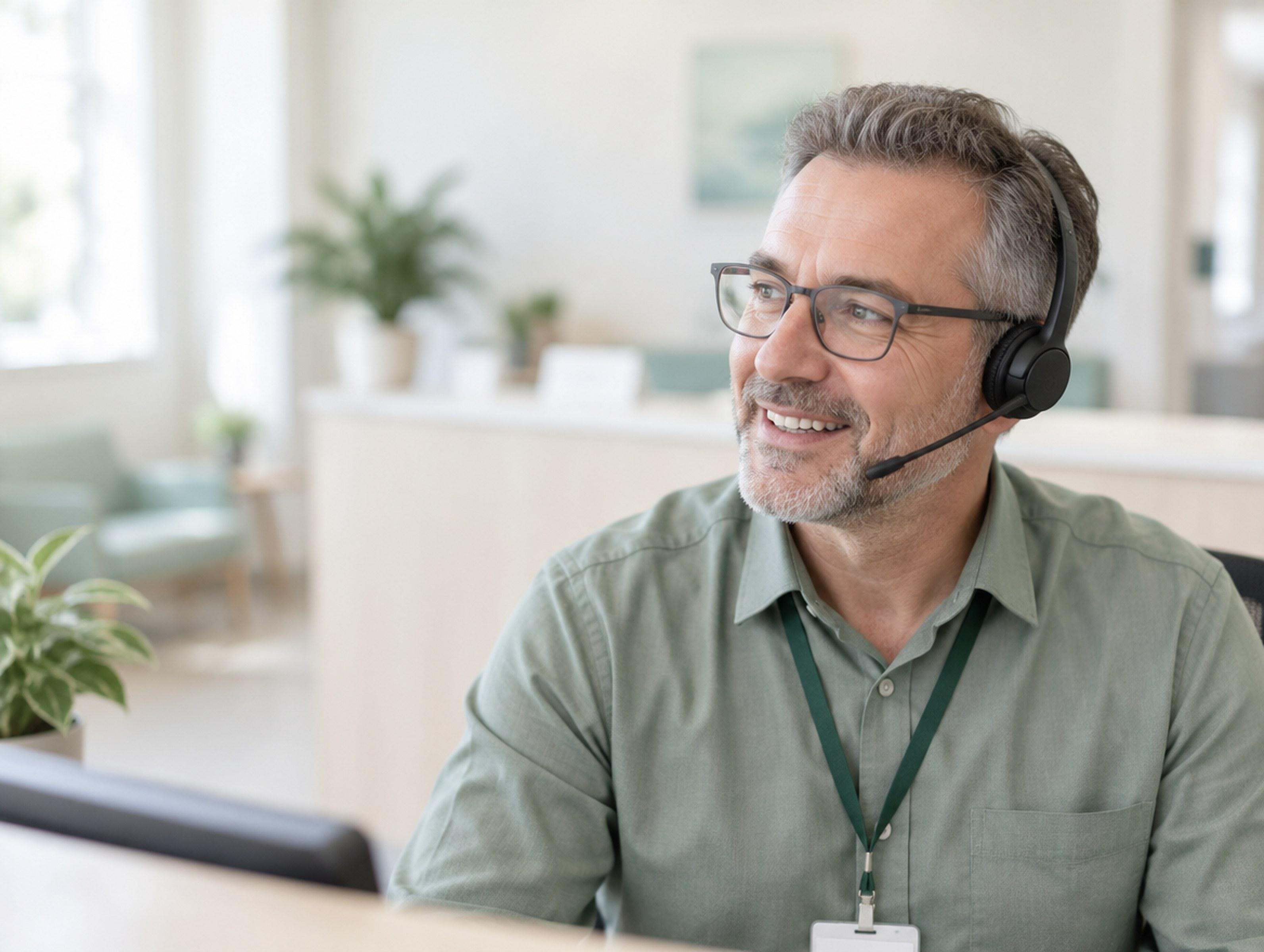 A scheduling coordinator on a headset at a hospital reception desk, the waiting area behind him out of focus.