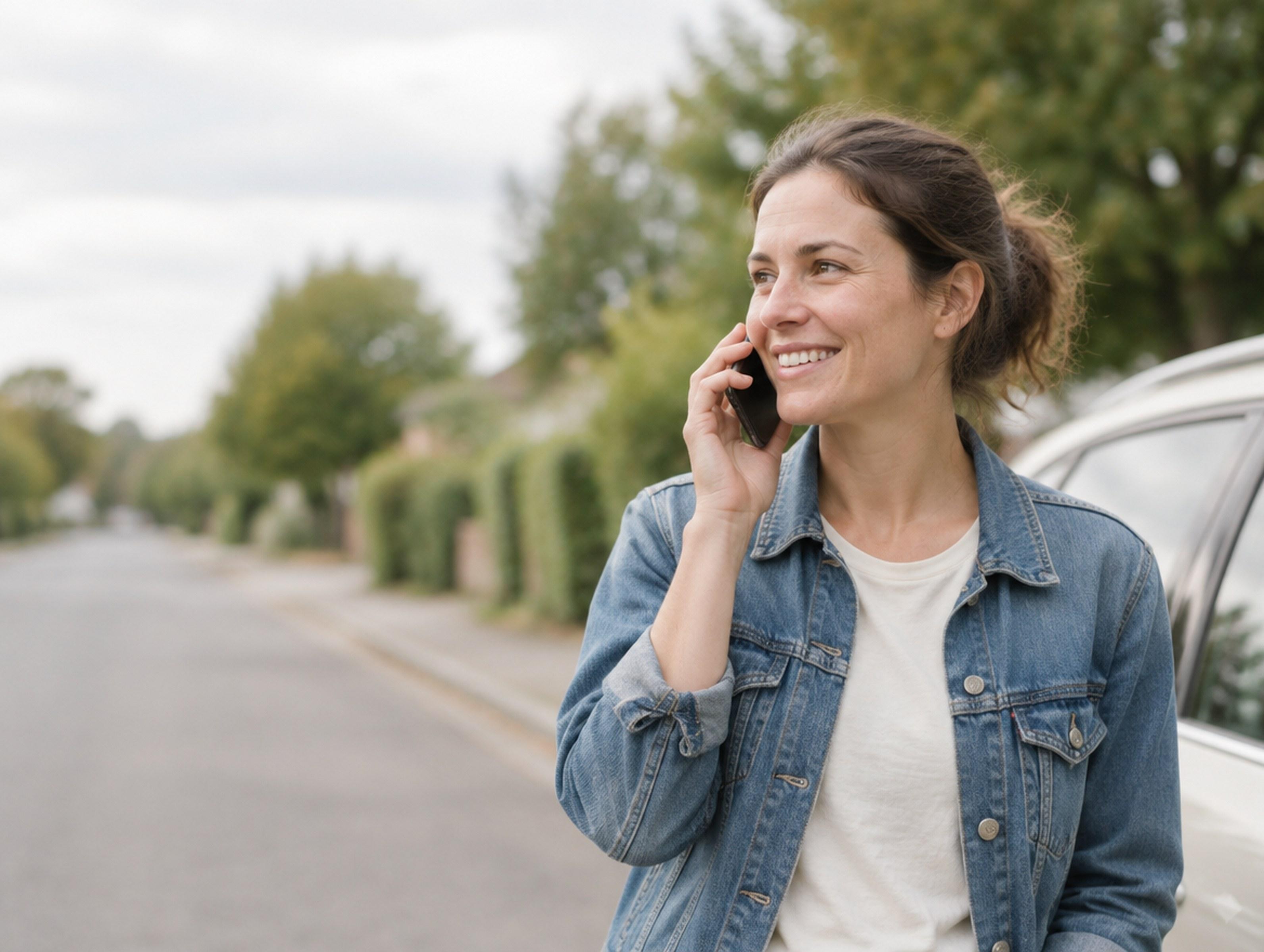 A woman on a phone call in a suburban street beside her car, the road behind her out of focus.