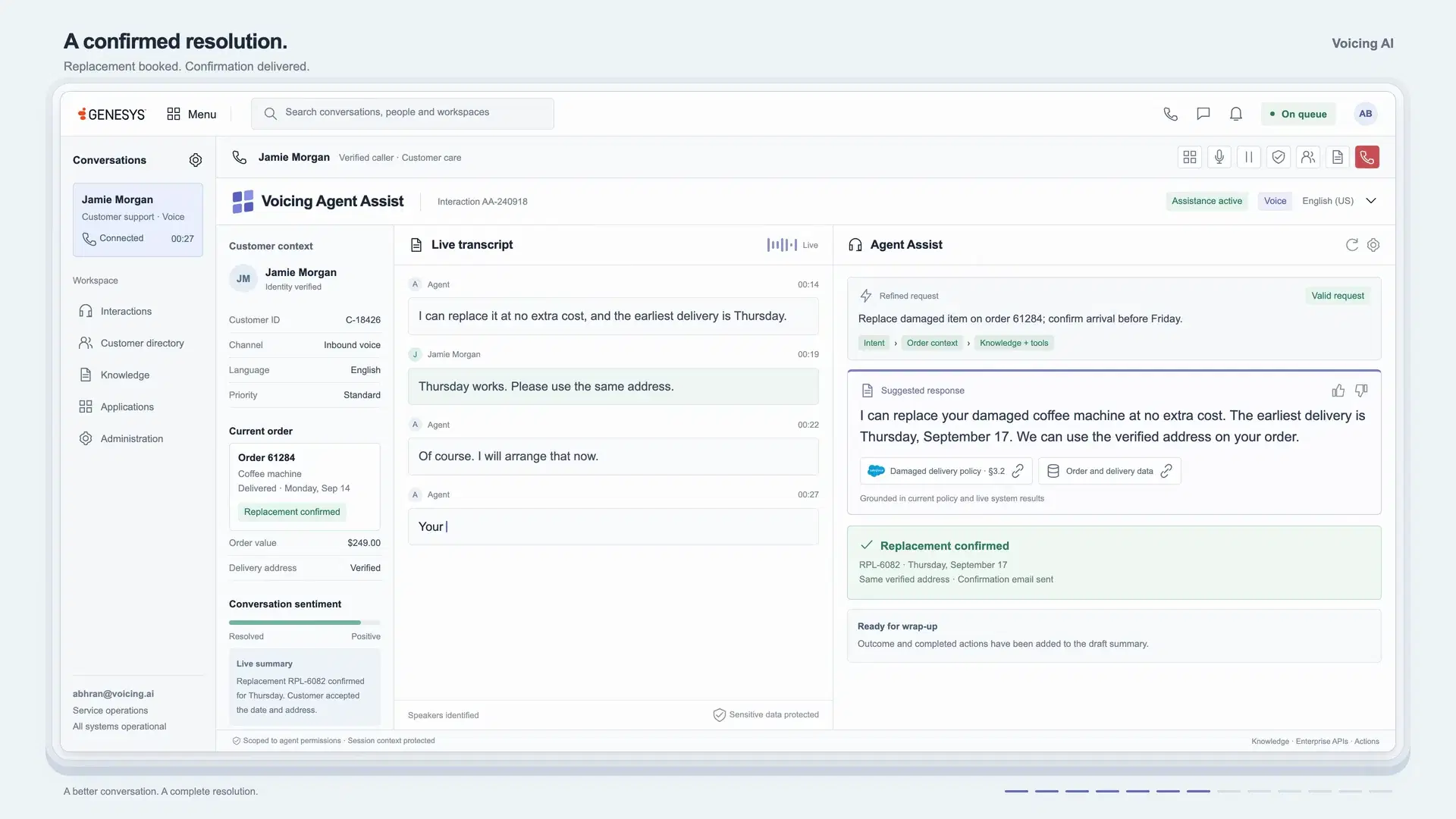 Agent workspace with a populated replacement proposal open for review, the agent’s confirmation, and the returned outcome recorded beside the live summary.