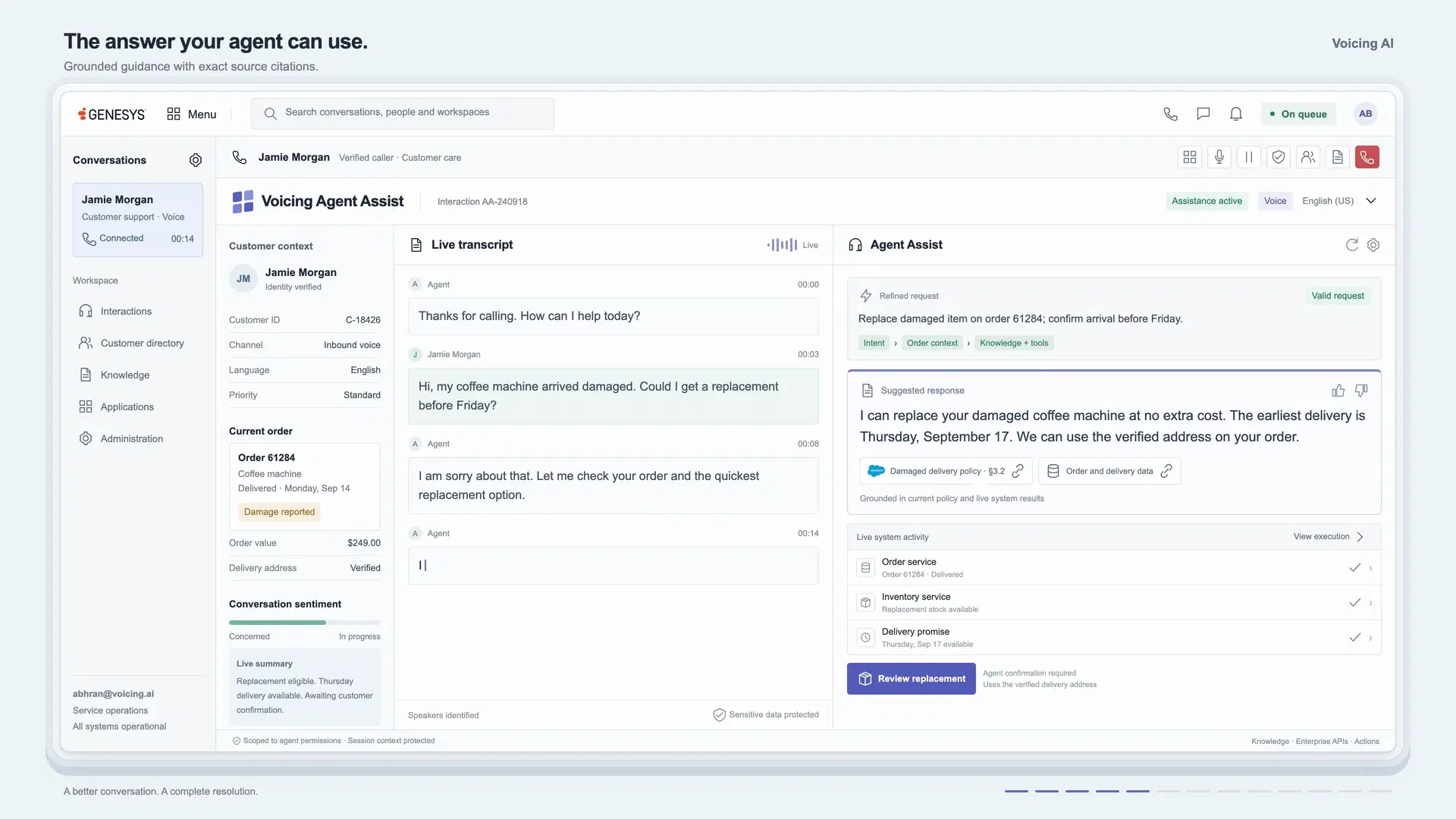 Agent workspace during a live call: the transcript in the centre, the refined request and a complete suggested response on the right, and a list of live system lookups under it.