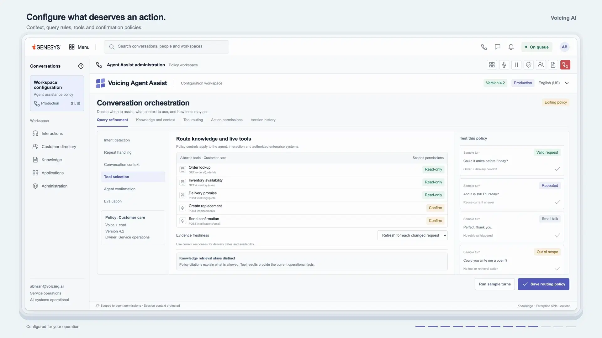 Configuration workspace with tabs for query refinement, knowledge and context, tool routing and action permissions, and a panel of sample turns.