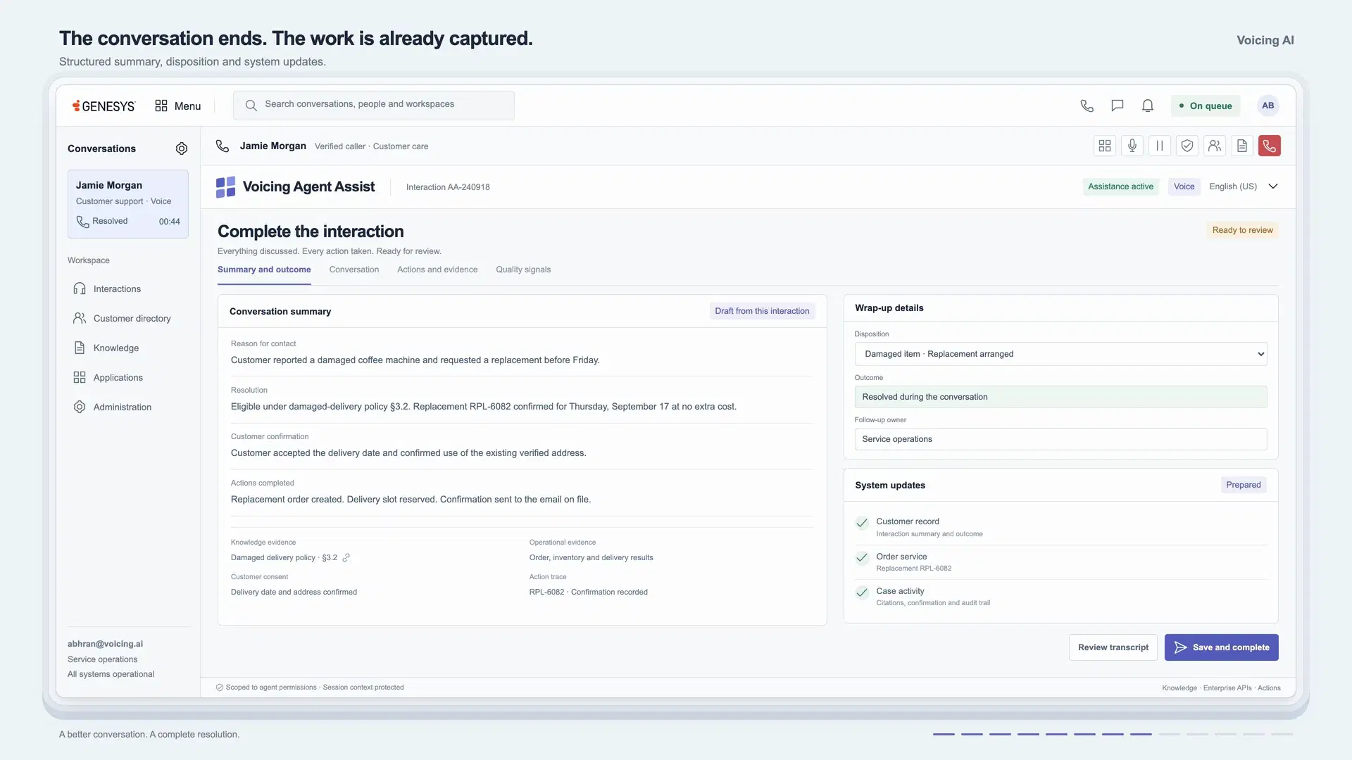 After-call view with the prepared summary fields, the outcome and a disposition ready for review, then the saved case details.