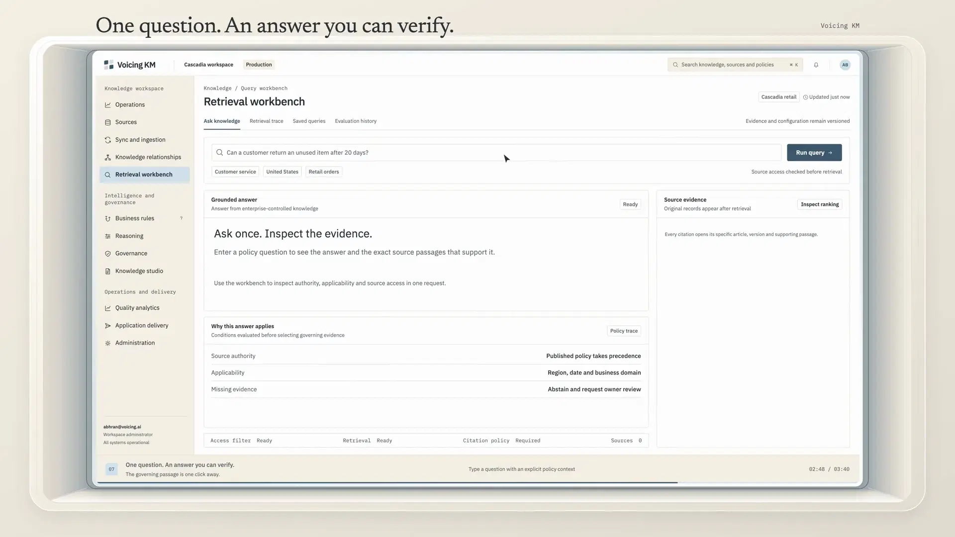 The retrieval workbench: a grounded answer with citation markers beside the source document open at its passage.