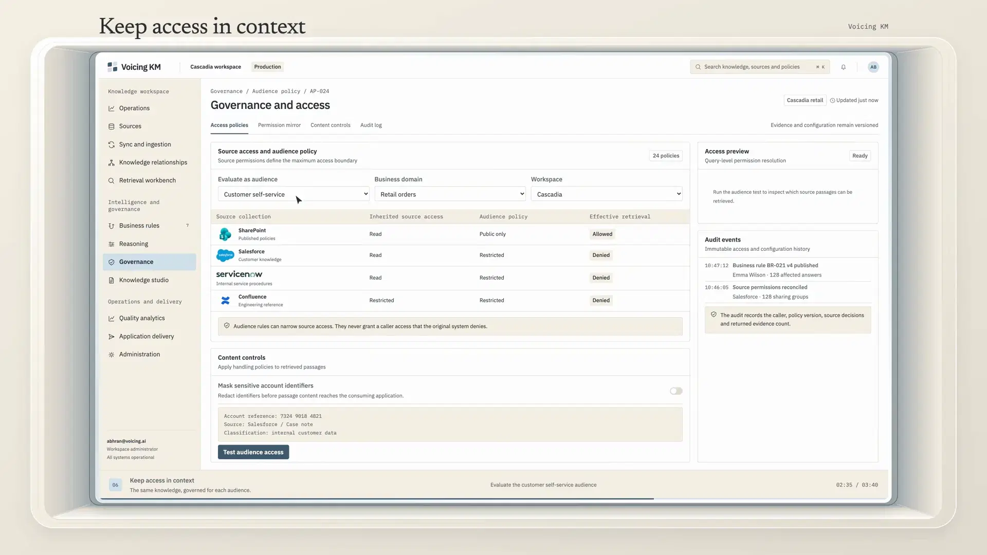 The governance view: audience policy per source, masking controls, an access preview and audit events.
