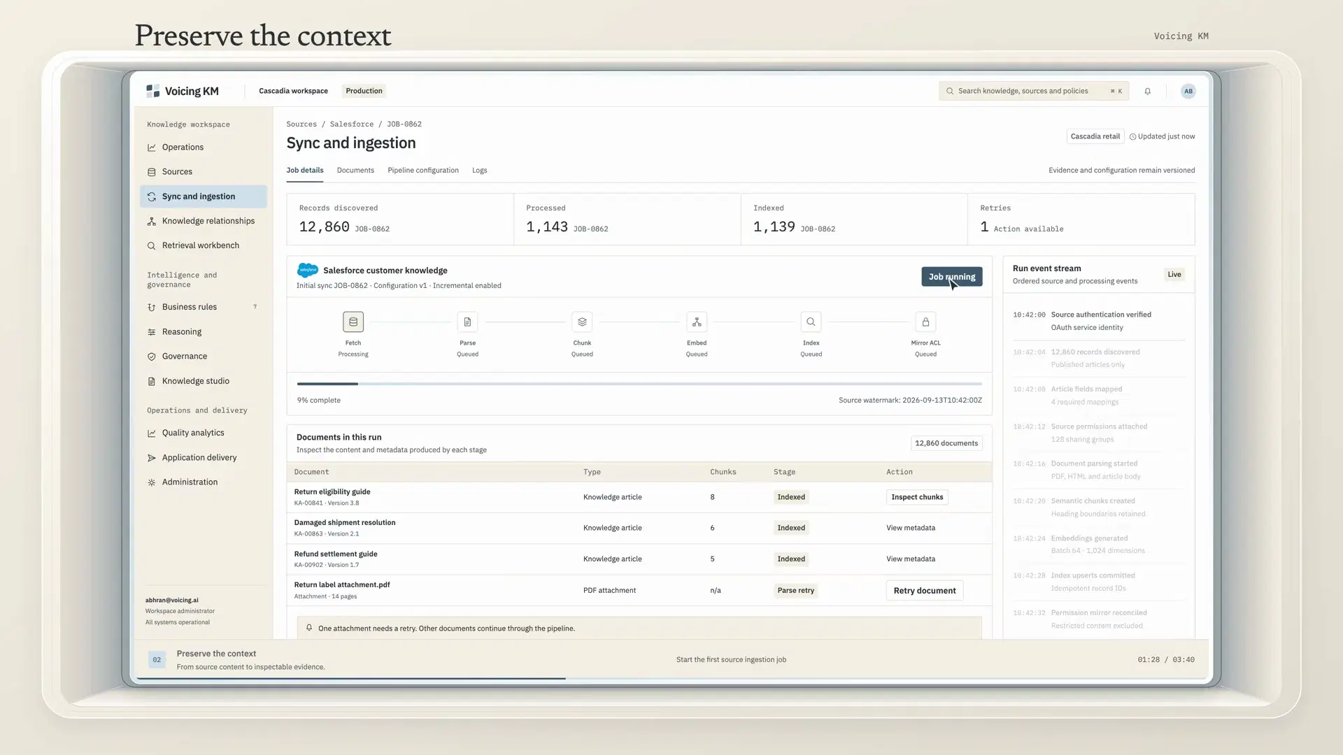 The sync and ingestion view, pipeline stages completing and a passage inspector showing the source version.