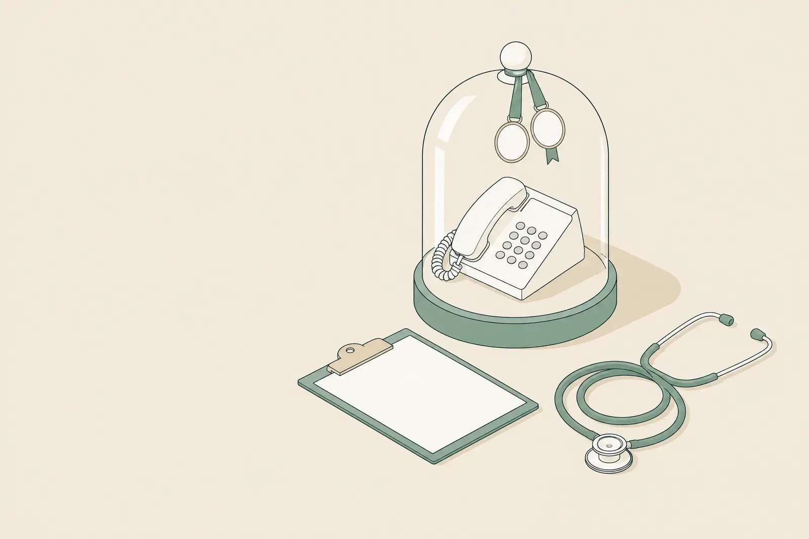 A hospital telephone under a glass bell jar with two blank seal medallions hanging from it, beside a clipboard and a stethoscope, drawn in fine ink lines